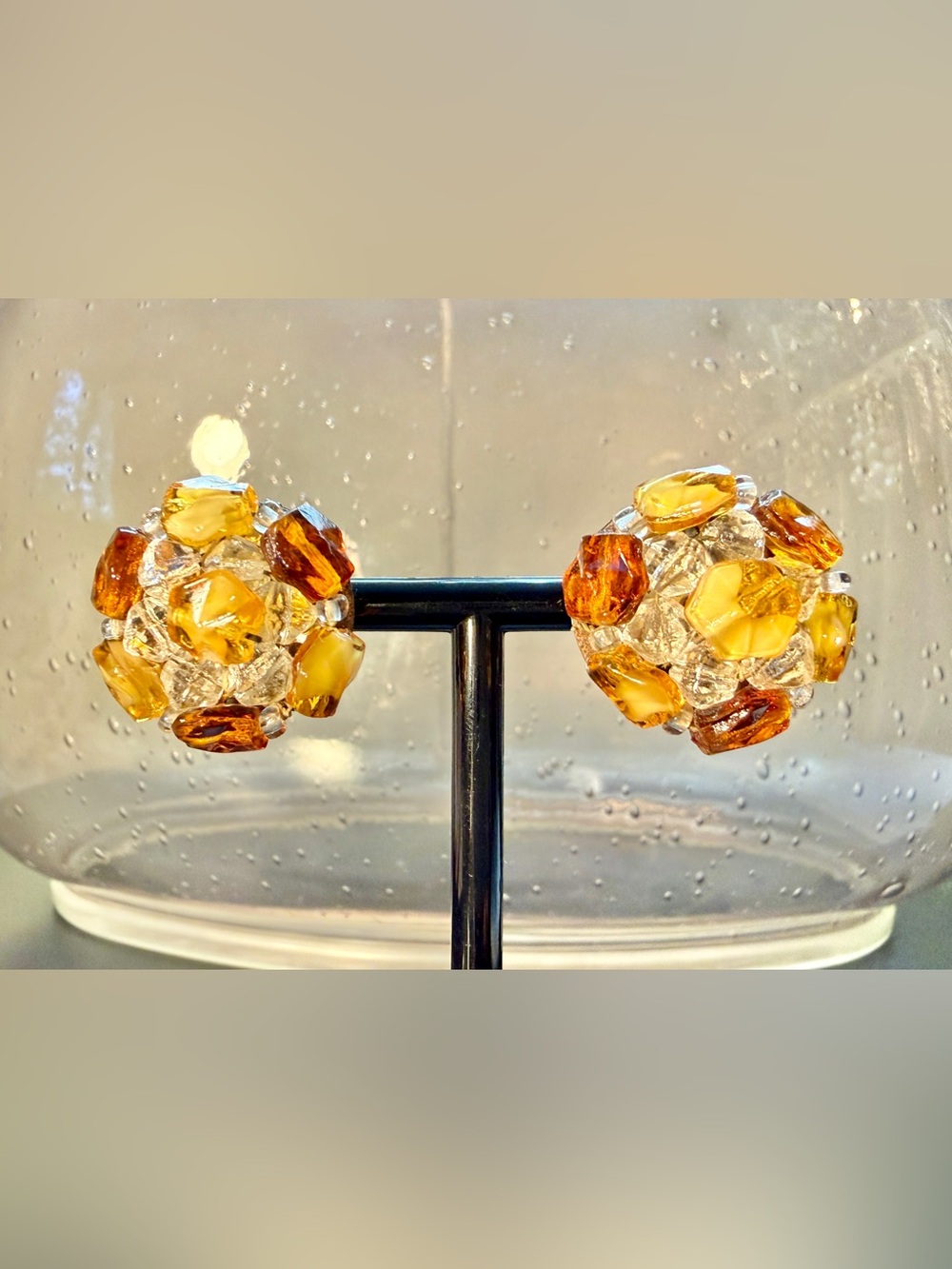 Vintage 1950s/1960s West German Brown Beaded Cluster Clip On Earrings